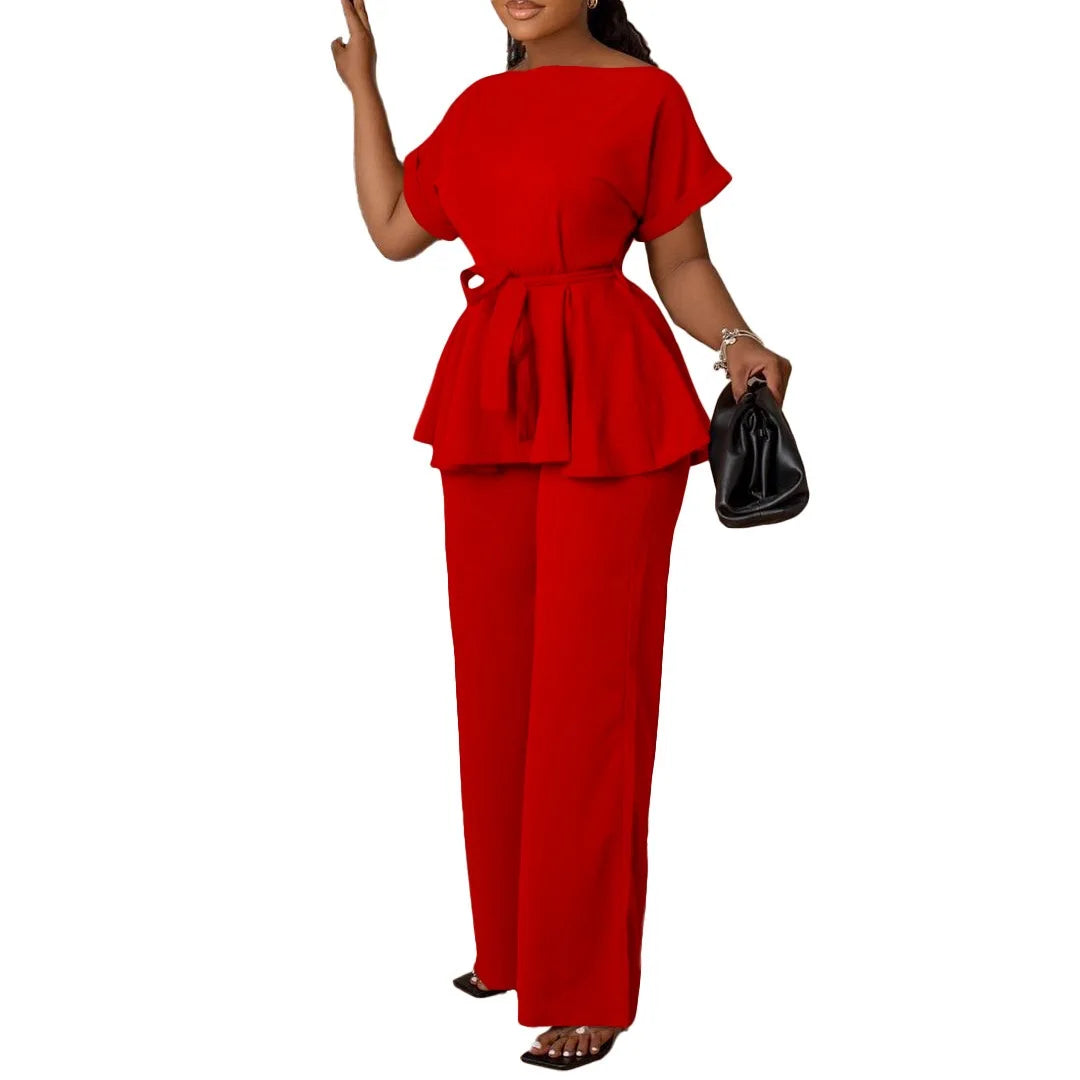 Women's Elegant 2 Piece Pants Set with Solid Blouse Short Sleeve O Neck and Long Trousers