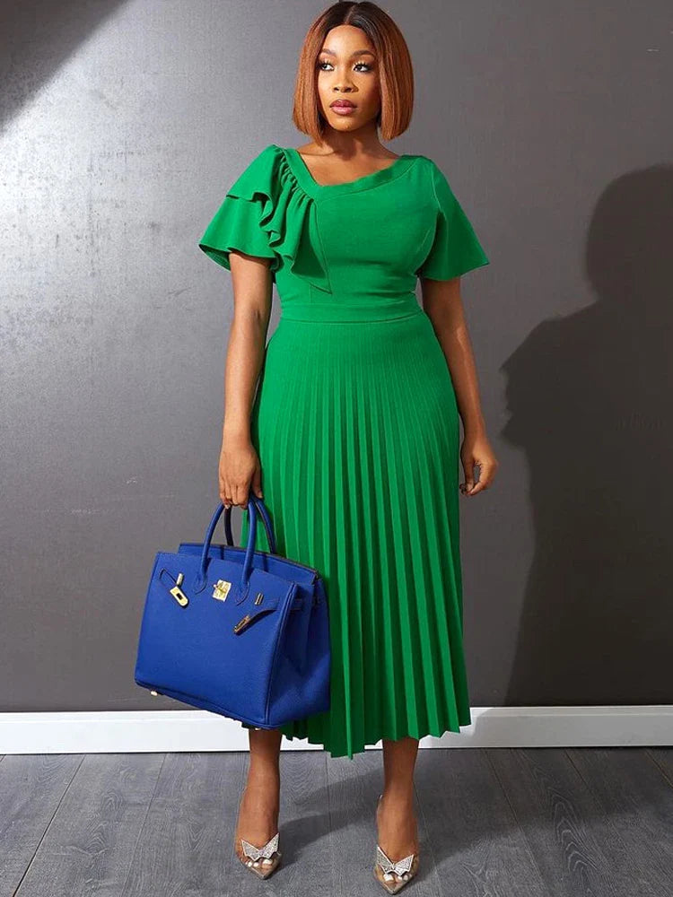 Elegant Women Pleated Midi Dress Short Sleeve Party Gown