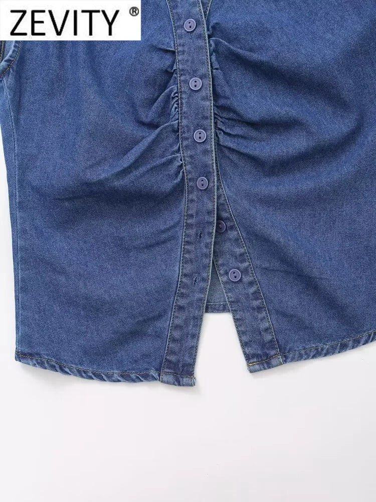 Women Sleeveless Pleated Denim Blouse Single Breasted Office Shirt Chic Casual Top