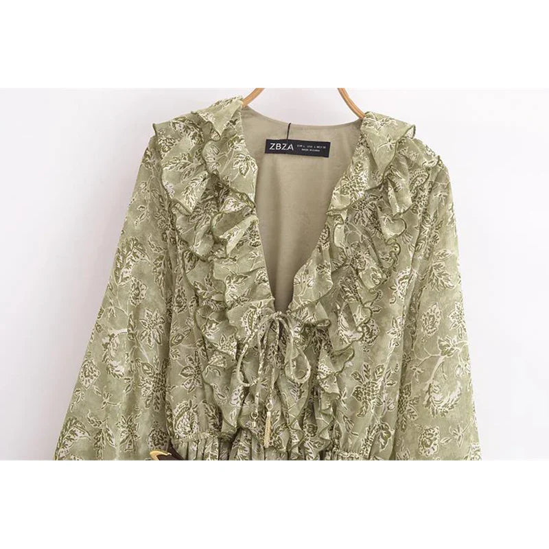 Chiffon Print V Neck Dress For Women Elegant Long Evening