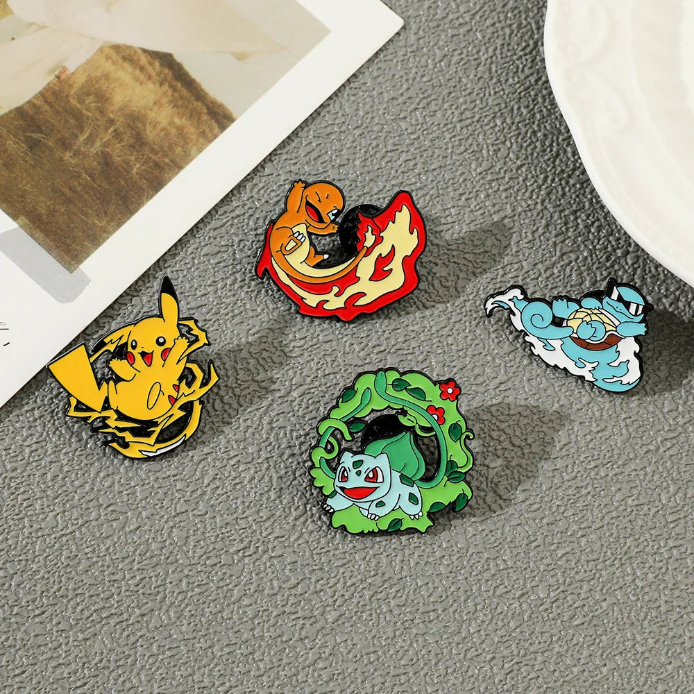 Cute Cartoon Pocket Monsters Enamel Brooch Set for Bags - 4 Pcs Creative Animated Character Accessories