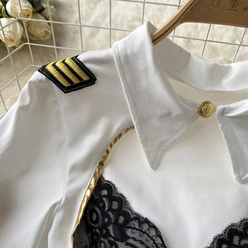 Women Sexy Lace Patchwork Hollow Skirt Suit Set with Turn-Down Collar Top Mini Skirt and Underpants 3-Piece Erotic Pajamas for Cosplay