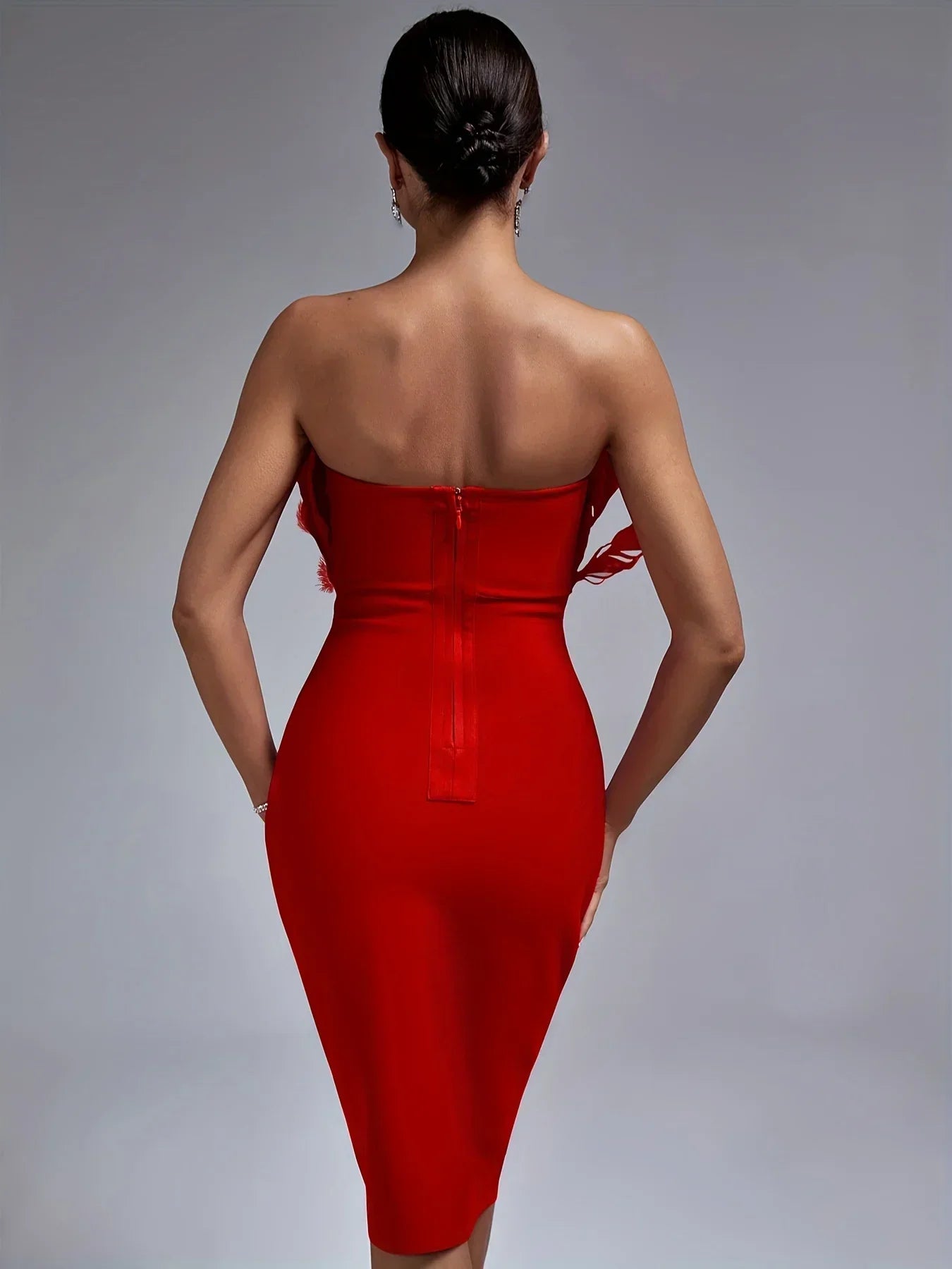 Red Bandage Dress Strapless Feather Party Women Bodycon Midi