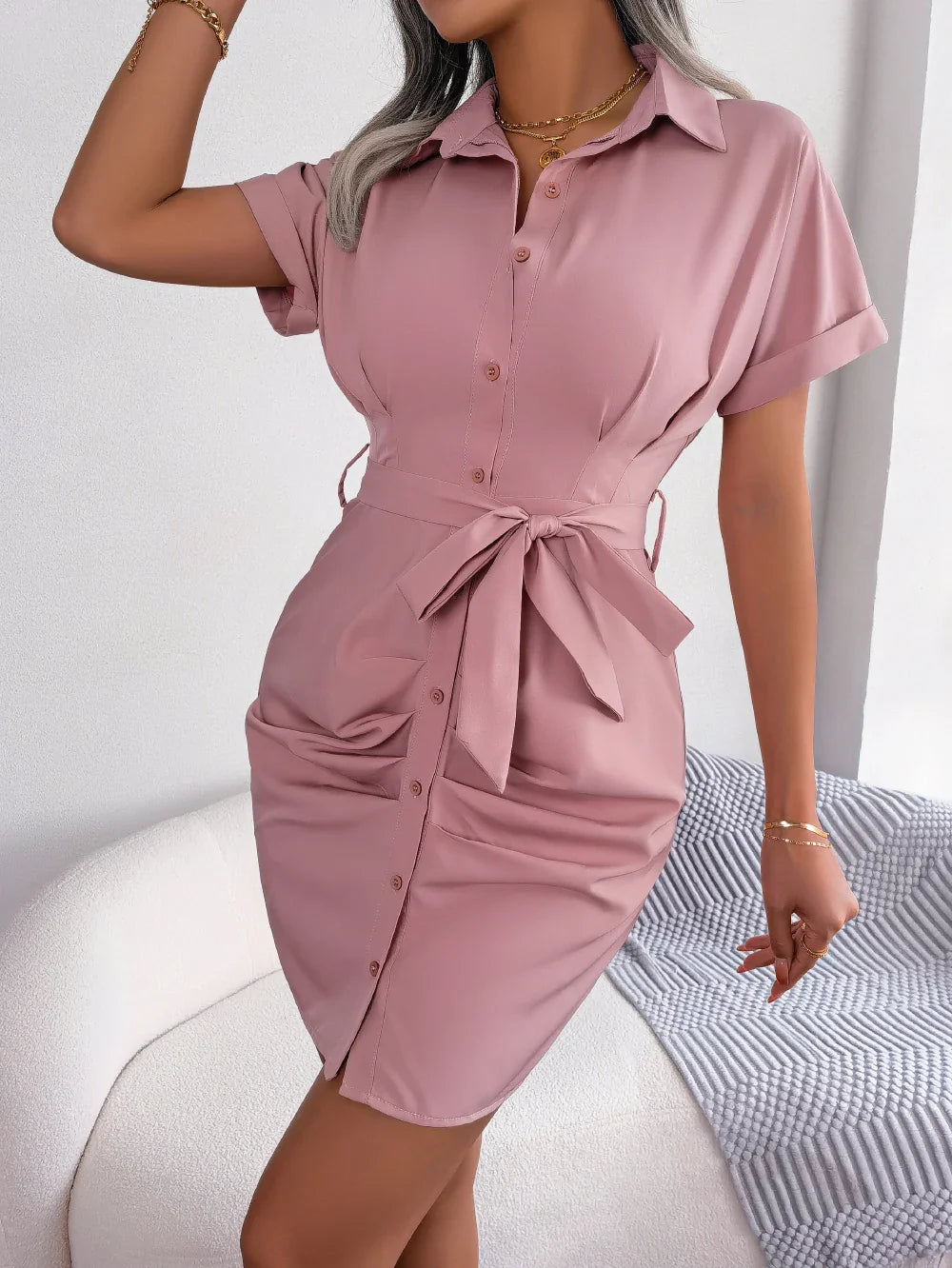 Women Summer Short Sleeve Pleated Button Front Pencil Dress