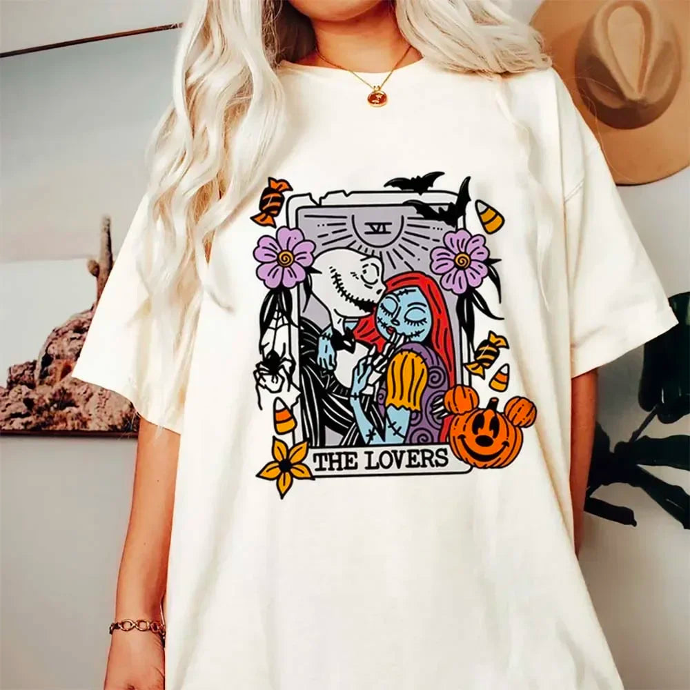 Halloween Tarot Print Cartoon T-Shirt Casual O-Neck Top for Fun and Versatile Style