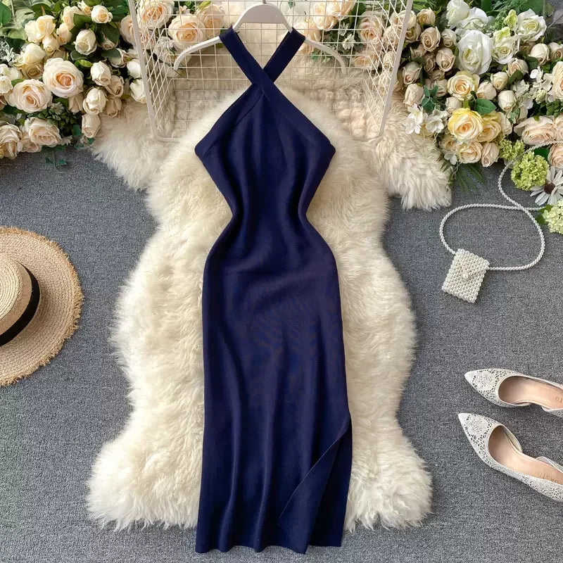 Elegant Solid Backless V Neck Knit Bodycon Dress For Women