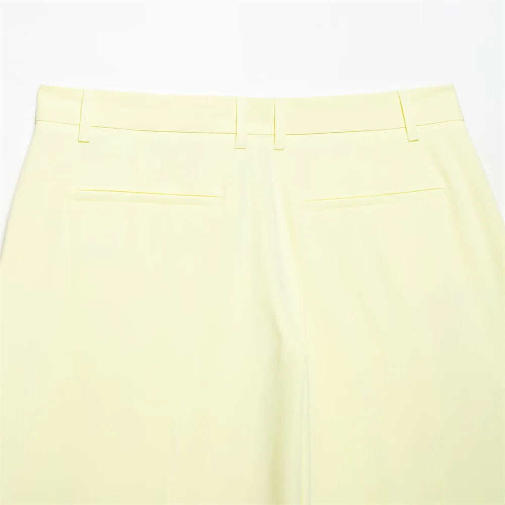 Womens Light Yellow Suit Set Halter Vest with Gold Buttons and Pleated Wide Leg Pants Stylish Ensemble