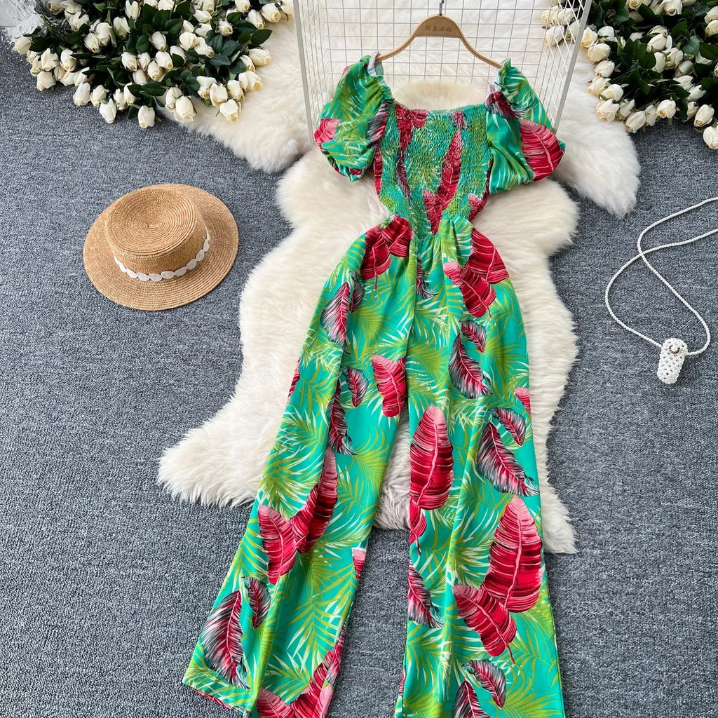 Square Neck Loose Pleated Jumpsuit with Ruffles Backless Design Wide Leg Long Pants Elegant Chic Printed Playsuit for Women