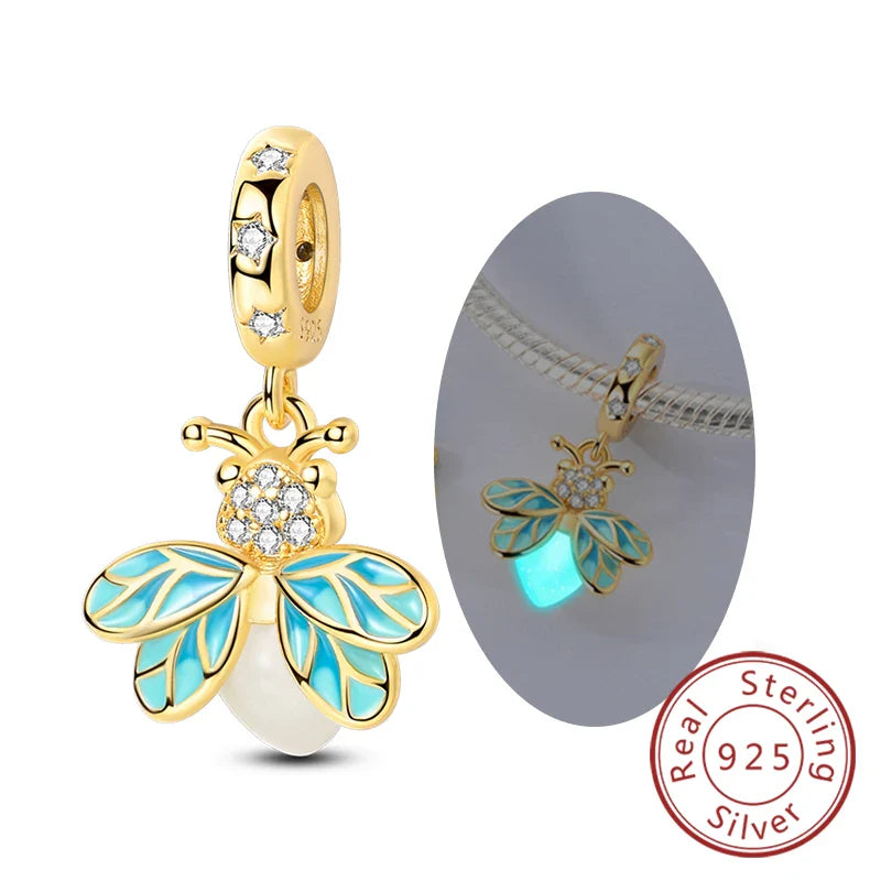 Glowing Luminous Firefly Butterfly Pendant Charm Beads in 925 Sterling Silver for Bracelet Jewelry