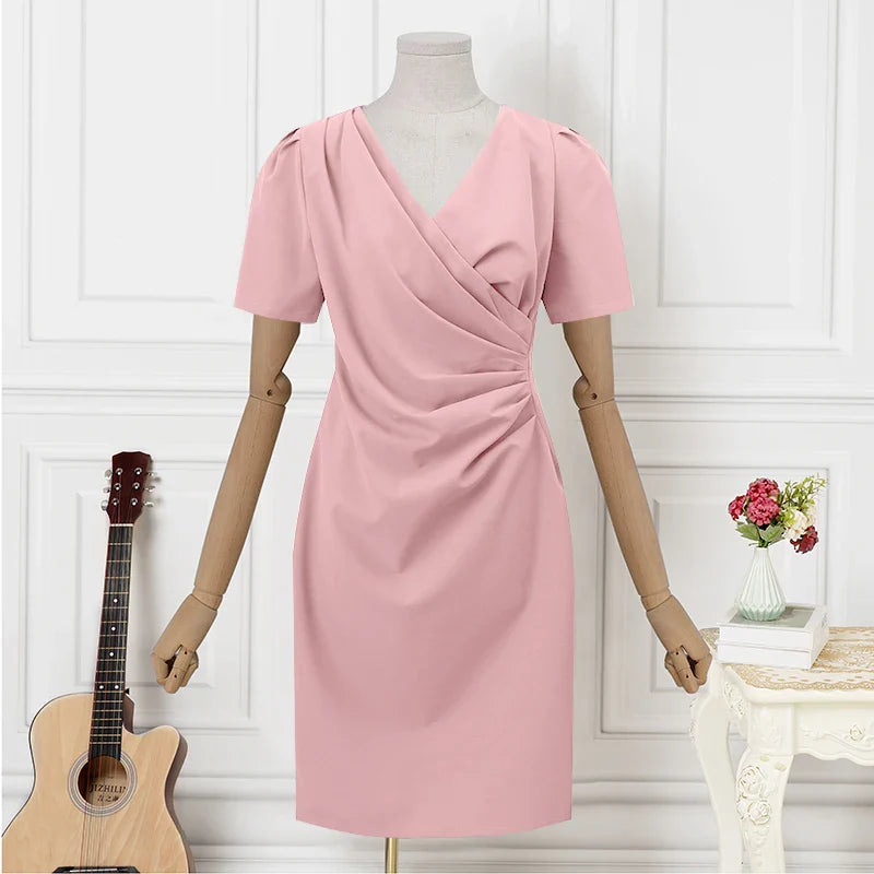 Elegant Women Office Dress V Neck Solid Color Short Sleeve