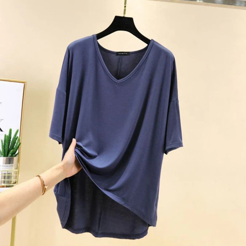 Solid Color Basic Short Sleeve Womens V Neck T Shirt Casual Cotton Tee for Summer