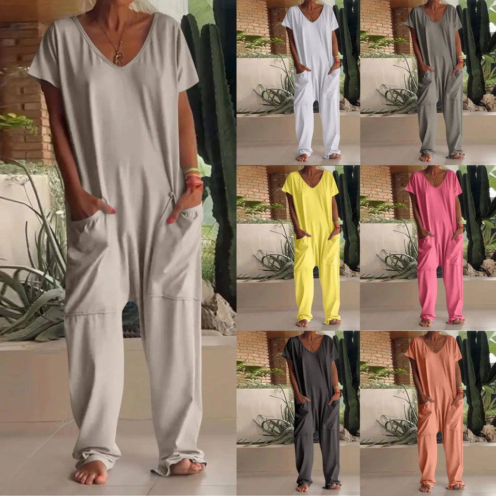 Women's Casual Short Sleeve Pullover Jumpsuit Loose Fit with Pockets Comfortable Lightweight Bodysuit Trendy Summer Romper
