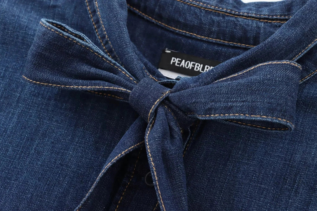 Women's Elegant Denim Shirt with Bowtie Single Breasted Casual Streetwear Autumn Winter Fashion Solid Button-Up