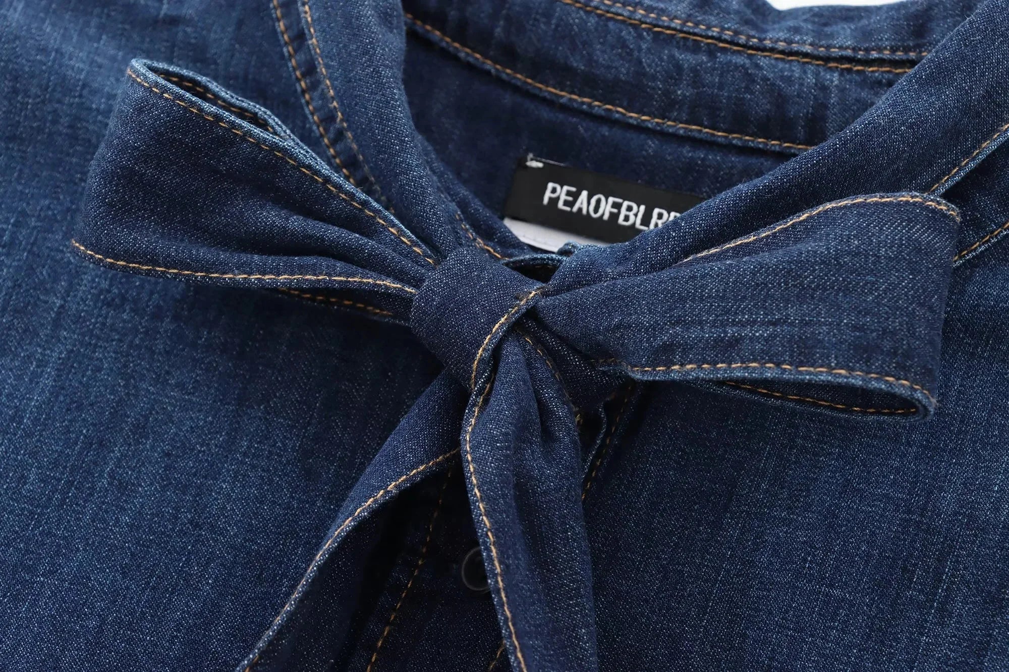 Women's Elegant Denim Shirt with Bowtie Single Breasted Casual Streetwear Autumn Winter Fashion Solid Button-Up