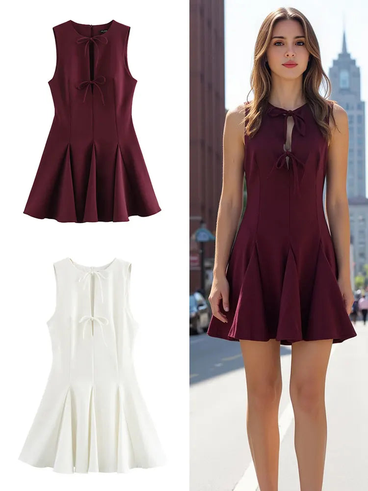 Hollow Out Bow Mini Dress Women Pleated Sleeveless Party
