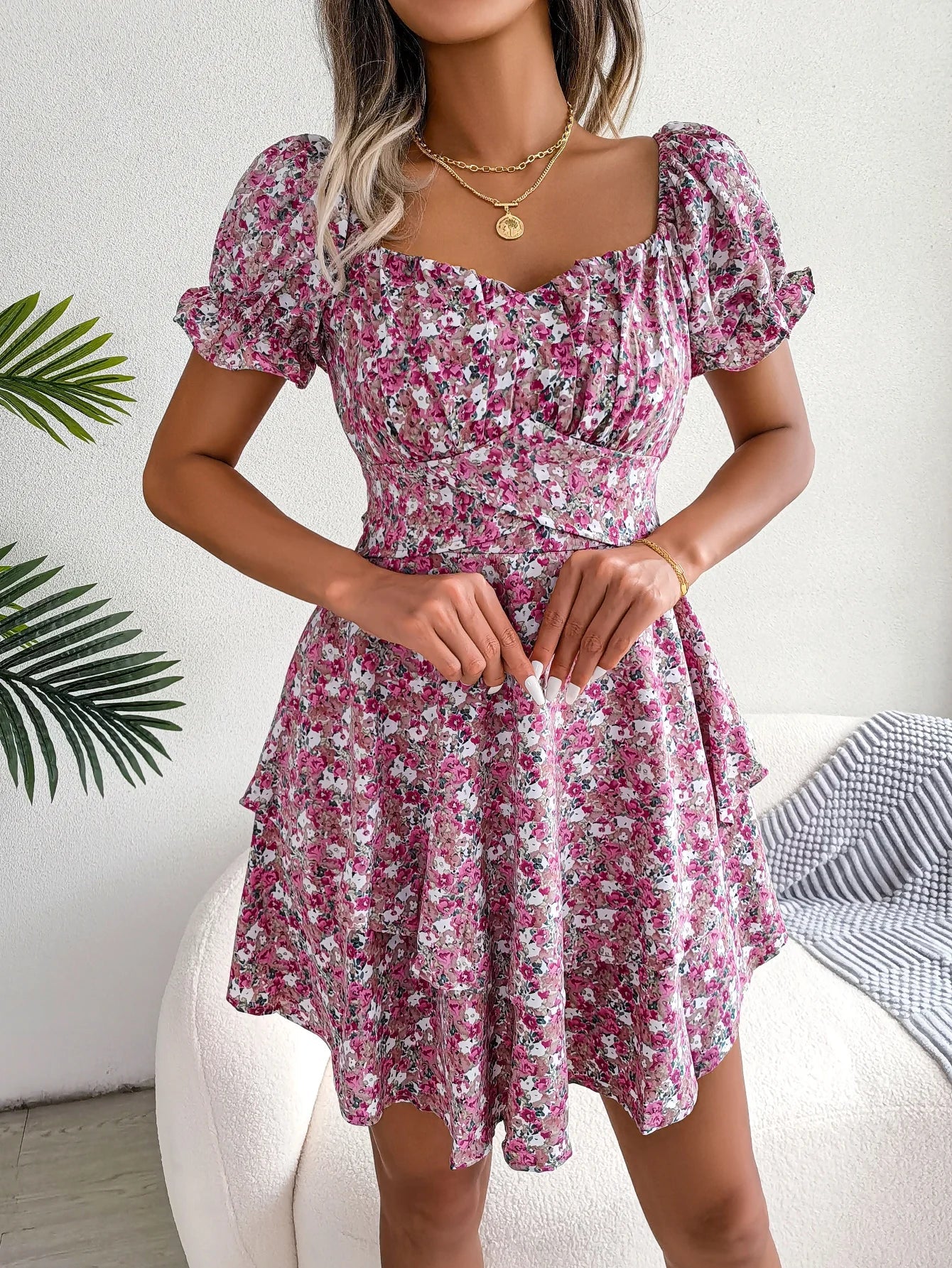 Floral Print Pleated Dress For Women Knee Length Summer