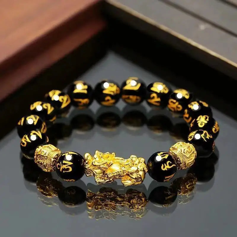 Obsidian Stone Beads Pixiu Bracelet for Wealth and Luck for Men and Women