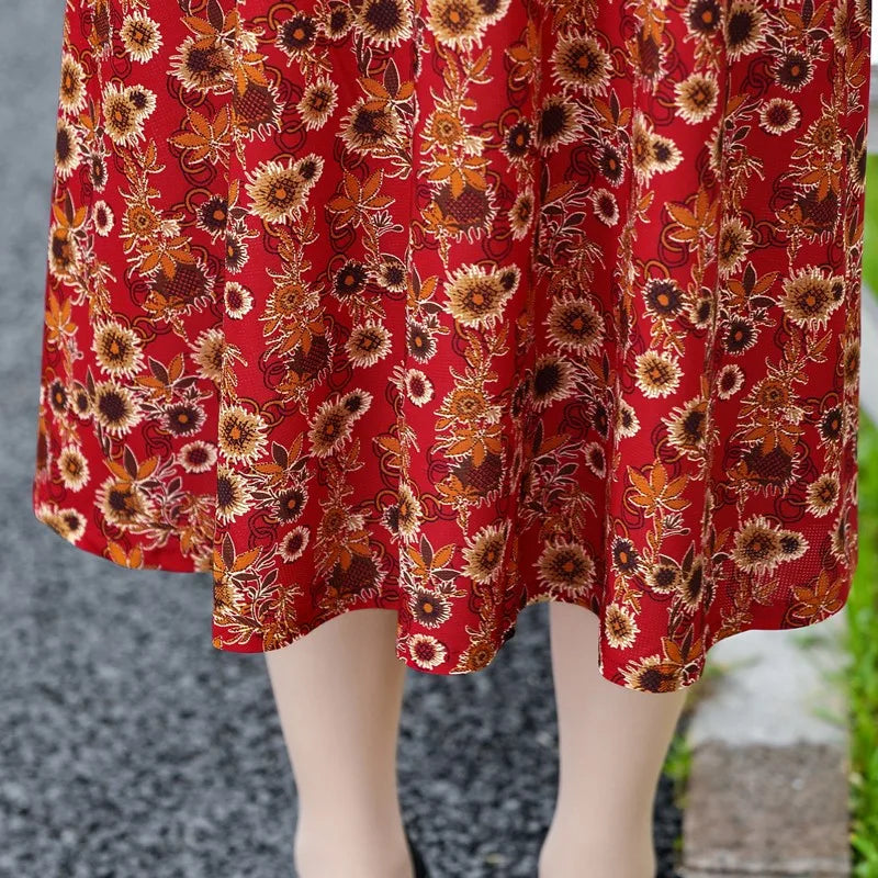 Bohemian Summer Dress With V Neck Print Vintage Midi