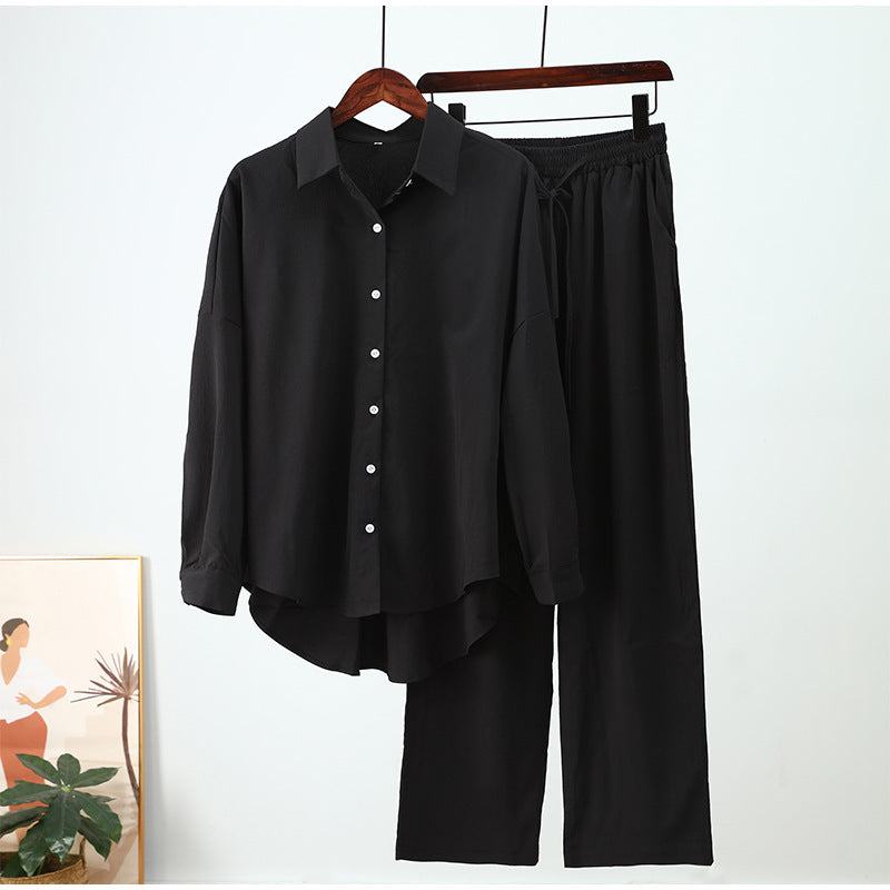 Summer Casual Outfits for Women Loose Long Sleeve Shirt and Wide Leg Pants Two Piece Set