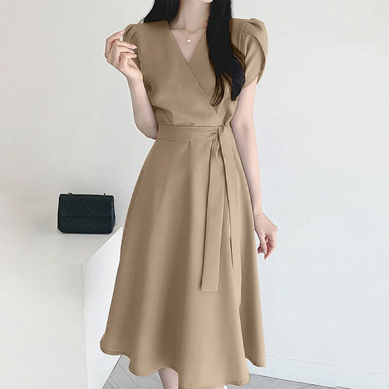 V Neck Midi Dress For Women Solid Cap Sleeve A Line