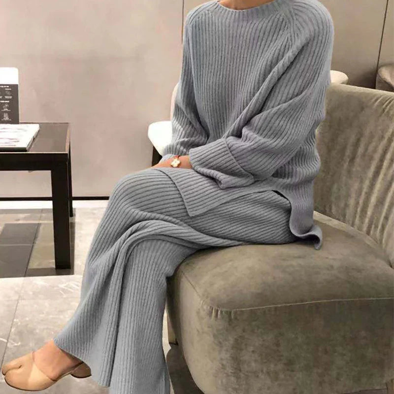 Women Loose Knit Sweater Set with Wide Leg Pants O Neck Pullover Autumn Winter Homewear 2 Pieces