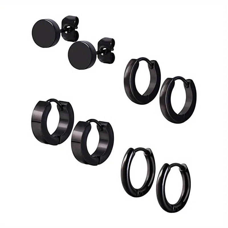 Stylish Men's Earring Set - 4 Pairs of Black Stainless Steel Studs and Hoops, Durable and Allergy-Free