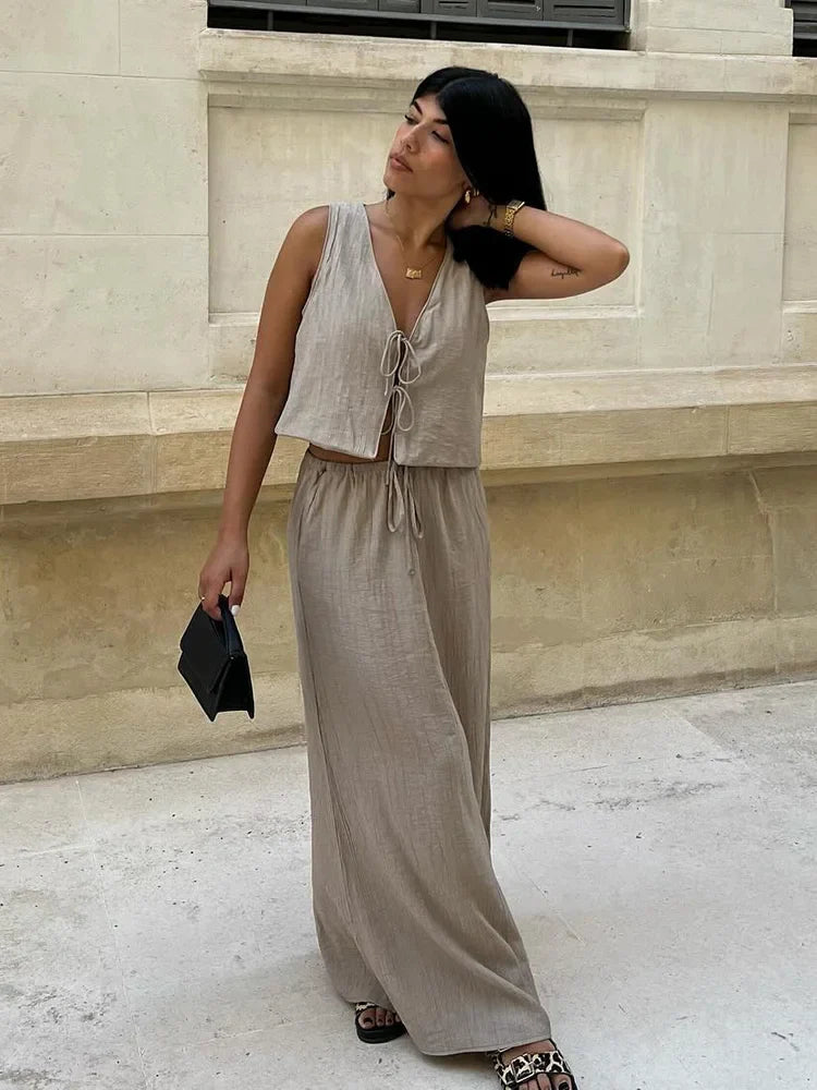 Summer Women's Elegant Solid Color Skirt Set Casual V-neck Bow Lace-Up Sleeveless Crop Vest Top with Loose Drawstring Midi Skirt