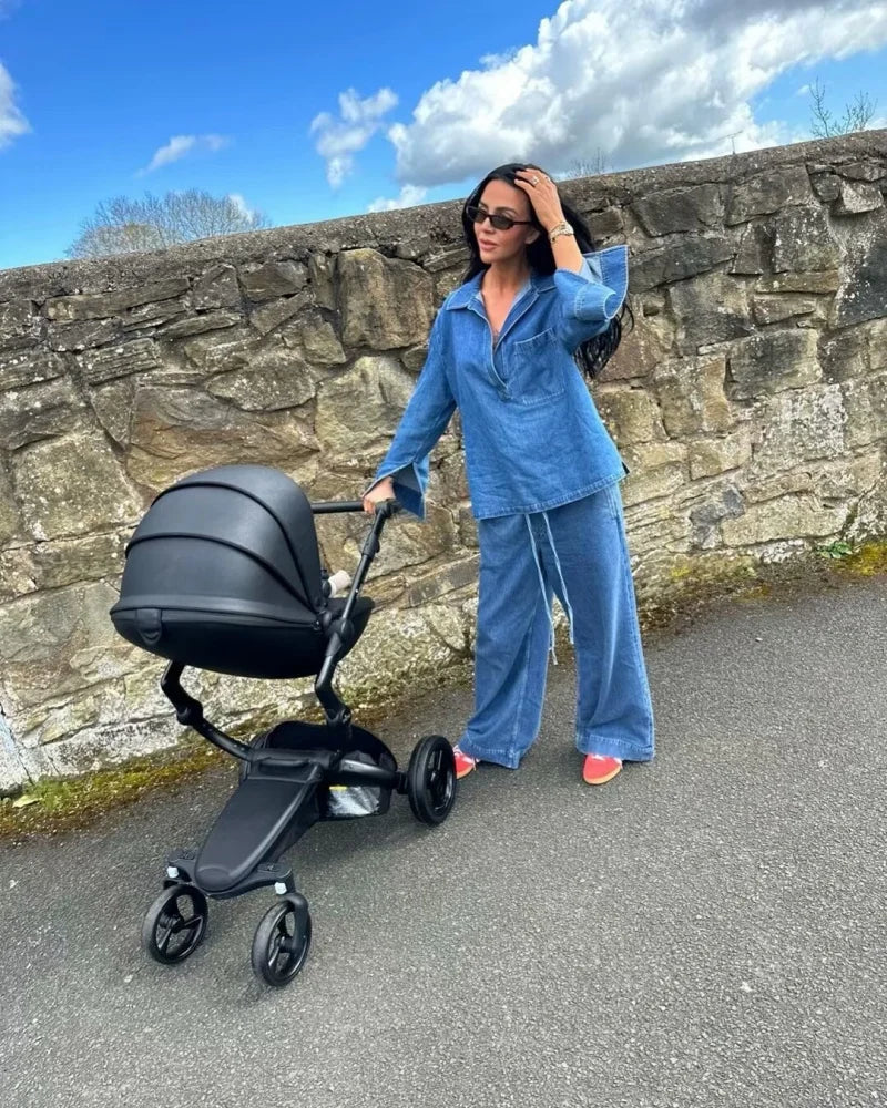 Casual Open Collar Pocket Denim Top and Loose Wide Leg Drawstring Waist Denim Pants Two Piece Set for Women