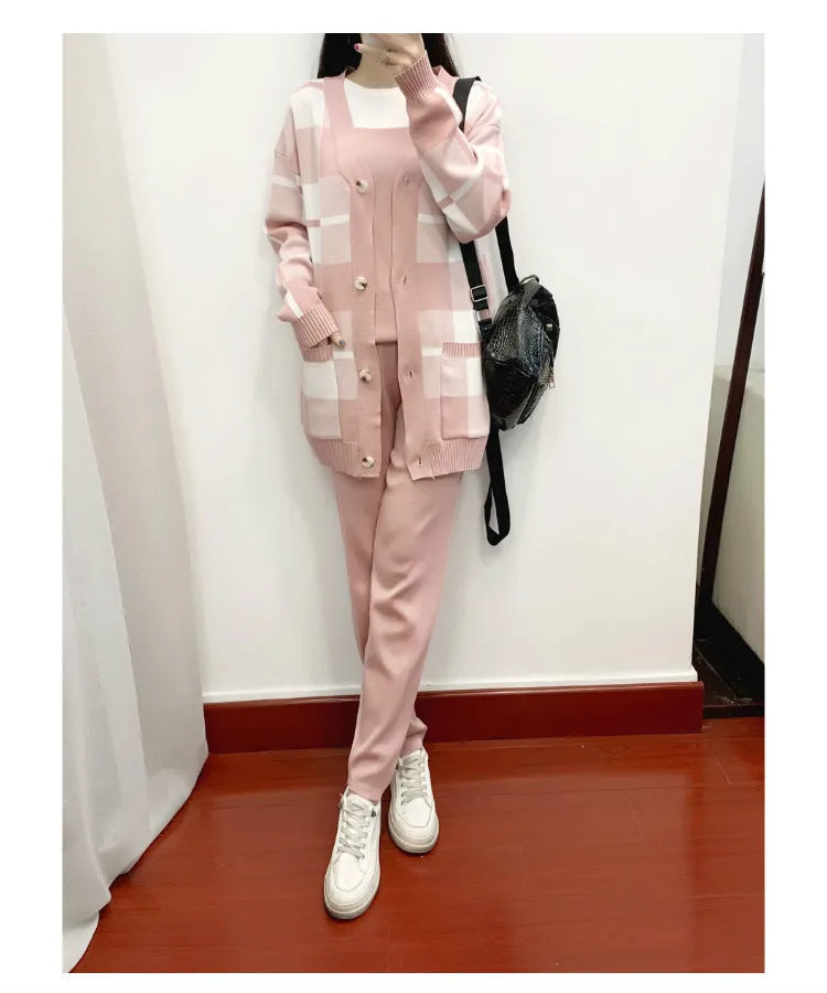 Autumn Winter Women's Plaid Knit Tracksuit Set with Cardigan Sweater Coat, Short Sleeved Top, and Solid Harem Pants