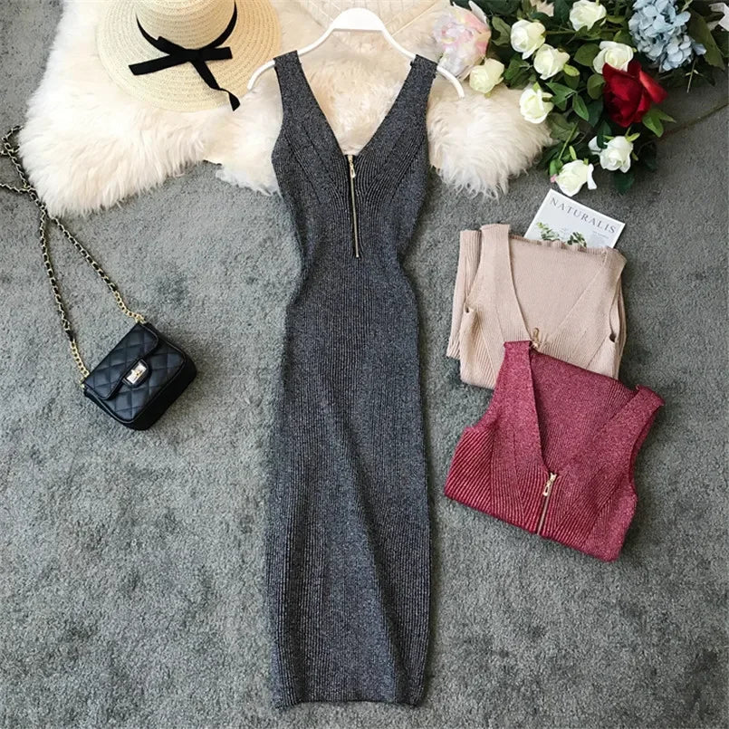 Sexy Zipper V Neck Knit Bodycon Midi Dress For Summer