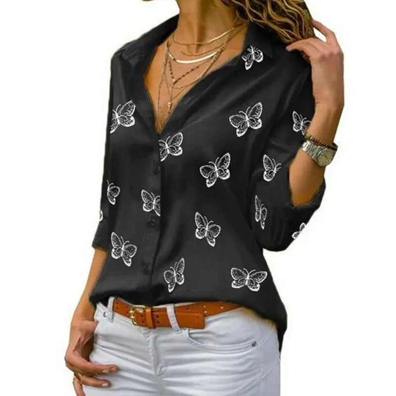 Elegant Women Butterfly Print Loose Fit Long Sleeve Blouse with Turn Down Collar Casual Oversized Office Shirt for Spring and Autumn