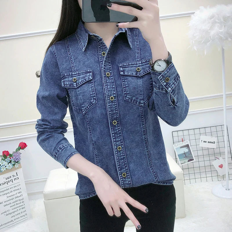 Women's High Quality Denim Shirt Long Sleeve Single Button Blouse with Pockets Casual Korean Style Autumn Winter Top