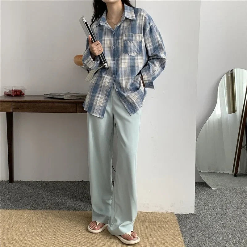 Casual Long Sleeve Plaid Blouse Mid Length Loose Fit Turn Down Collar Shirt for Women Autumn Winter Fashion Top