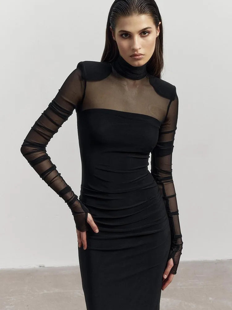 Mesh Patchwork See Through Dress For Women Turtle Neck
