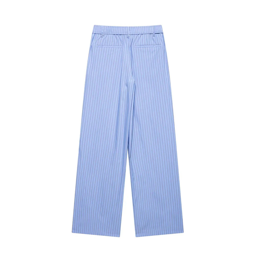 Womens Light Blue Pinstripe Suit Set with Sleeveless Asymmetric Vest and Wide Leg Pants for Stylish Office Attire