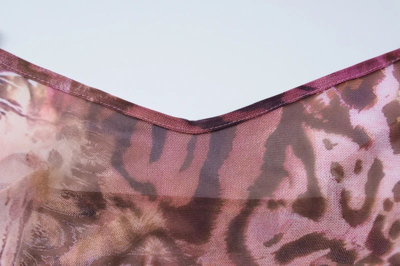 Leopard Print Mesh Maxi Dress Backless Slit See Through