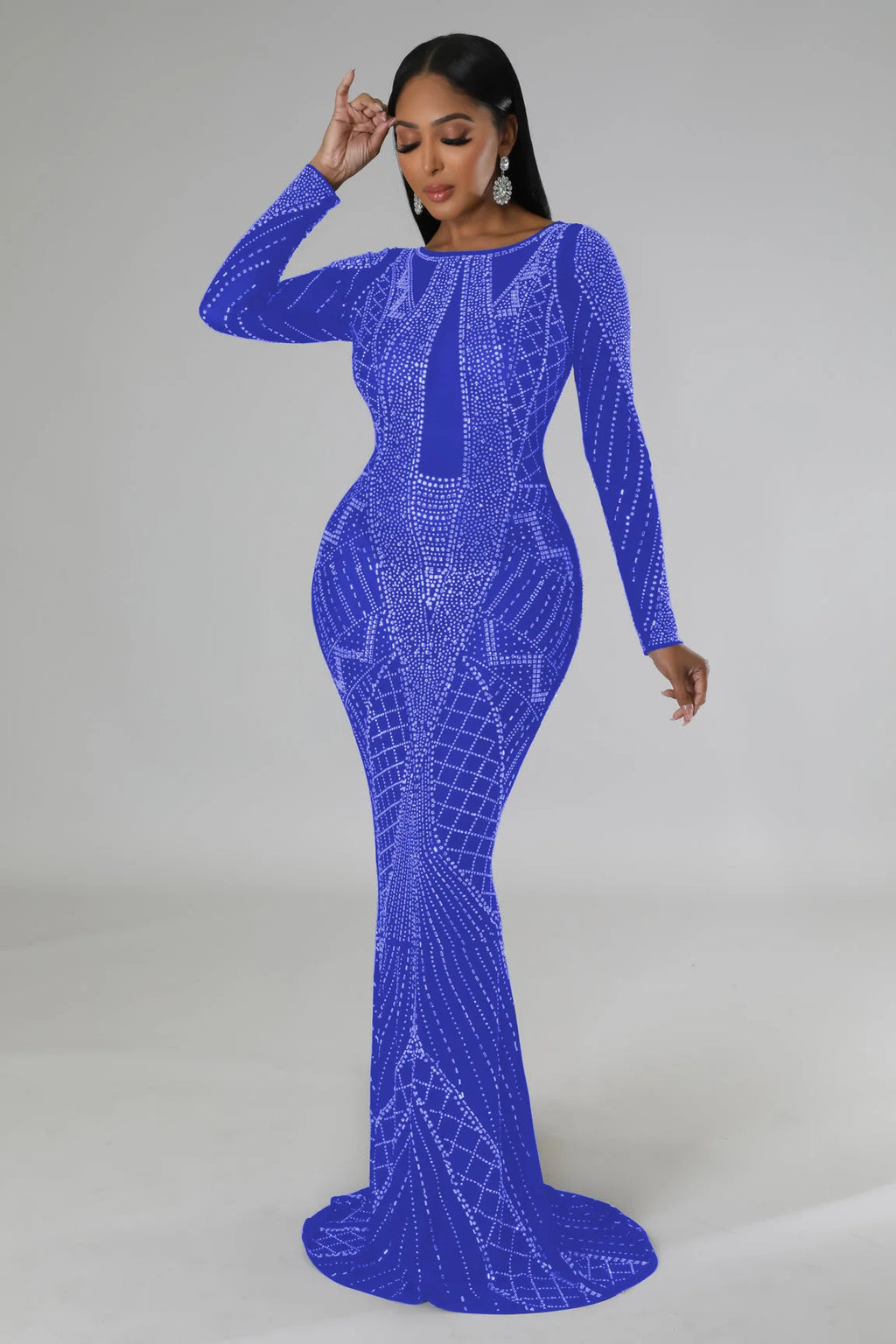 Sexy Mesh Diamond Embellished Maxi Dress for Evening Party