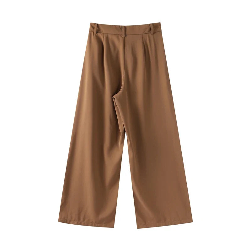 Casual Women Blazer Pants Suit with Slim Lapel Puff Sleeves and Wide Leg Trousers 2 Piece Outfit