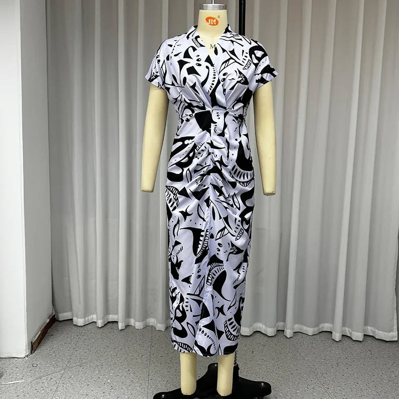 Women Long Printed V Neck Pleated Dress With Slit