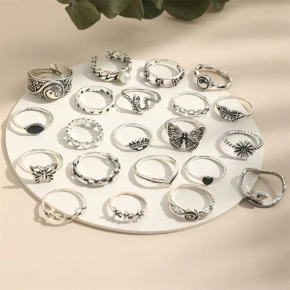 21 Pcs Gothic Rings Set for Women Trendy Punk Snake Butterfly Evil Eye Jewelry Gifts