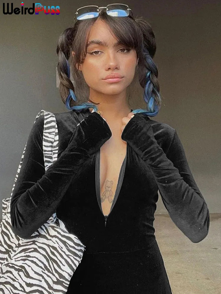 Weird Puss Velvet Zipper Hoodie Jumpsuit for Women Long Sleeve Skinny Stretchy Fitness Activewear Autumn Trend Hot Street Outfit