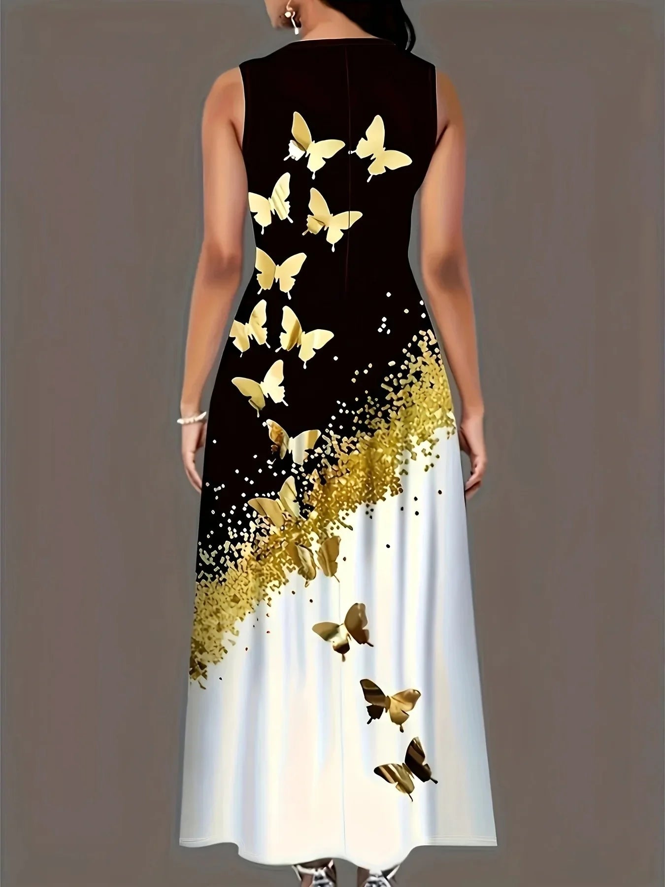 Butterfly Print A Line Summer Dress Front Pockets Style