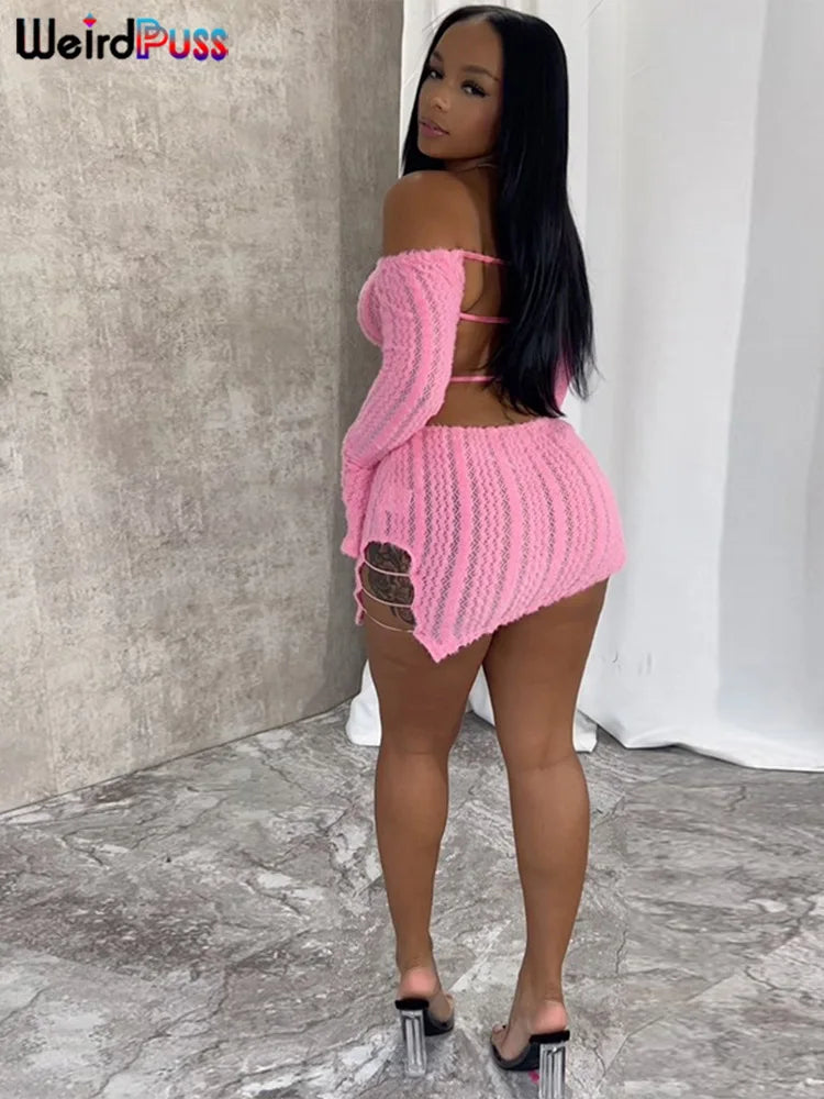 Backless Knit Bodycon Dress Women Slash Neck Chic Elegant