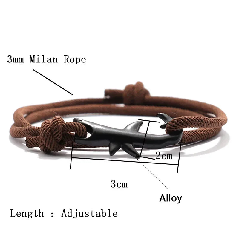 Unisex Double Layer Shark Bracelet Adjustable 3mm Cord Chain Beach Jewelry for Surfers