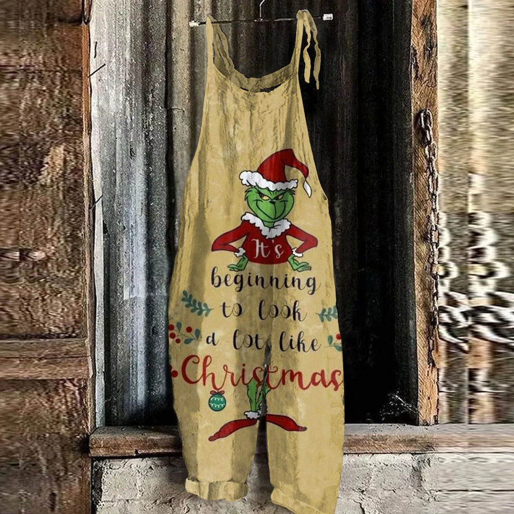 Kawaii Cartoon Print Casual Loose Vintage Strappy Jumpsuit Women's Fashion Festival Pants with Christmas Theme