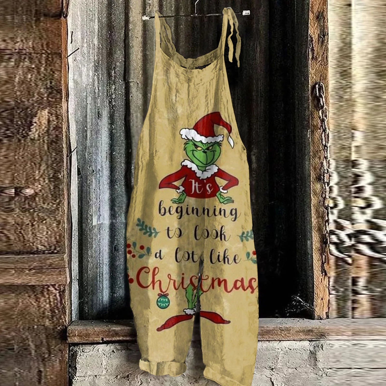 Kawaii Cartoon Print Casual Loose Vintage Strappy Jumpsuit Women's Fashion Festival Pants with Christmas Theme