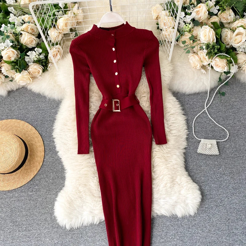 Womens Winter Knitted Dress Stand Collar With Sash Belt