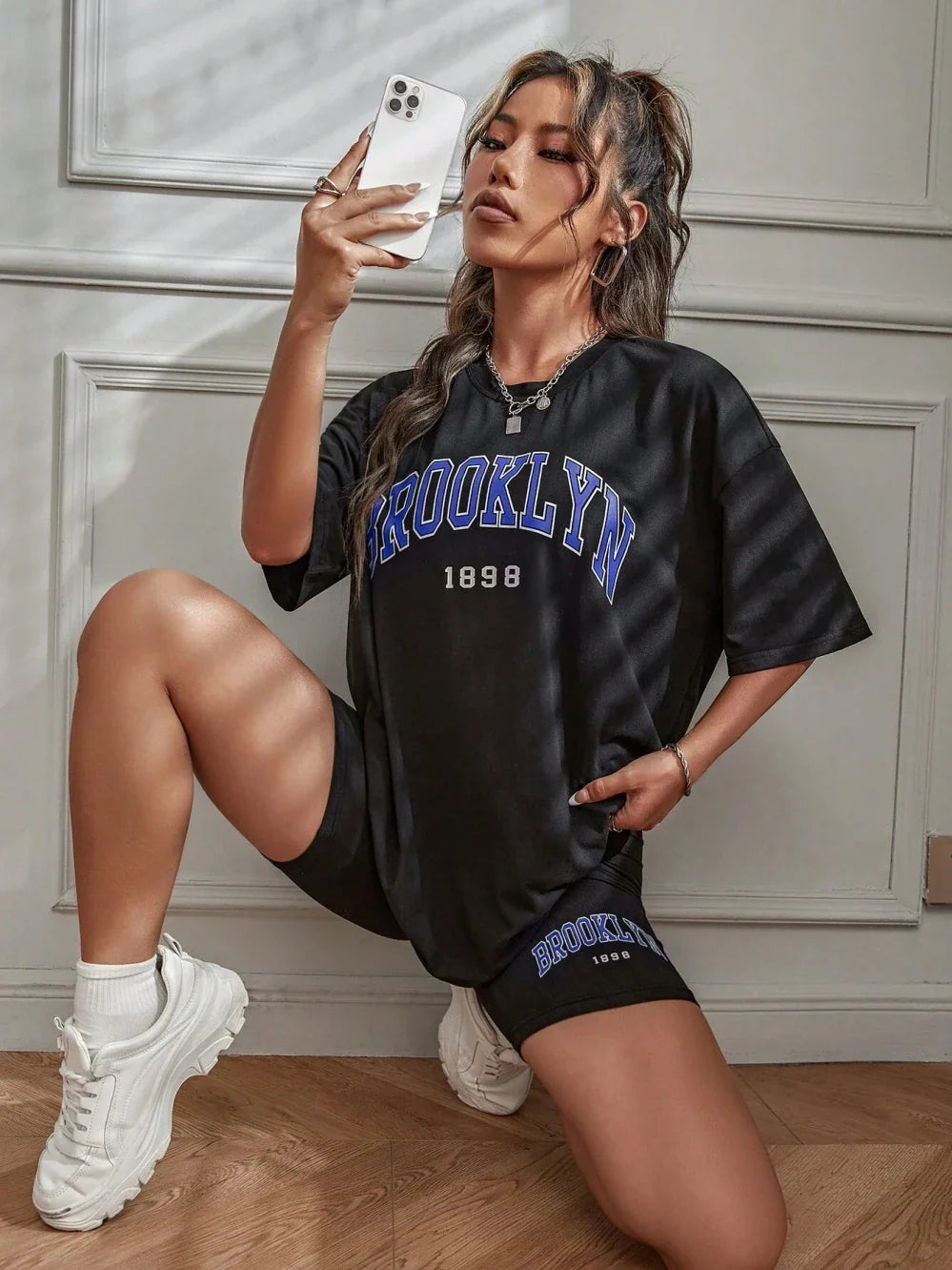 Brooklyn 1898 New York City Letter Graphic Cotton T-Shirt and Oversized Shorts Two-Piece Summer Casual Set for Women S-XL