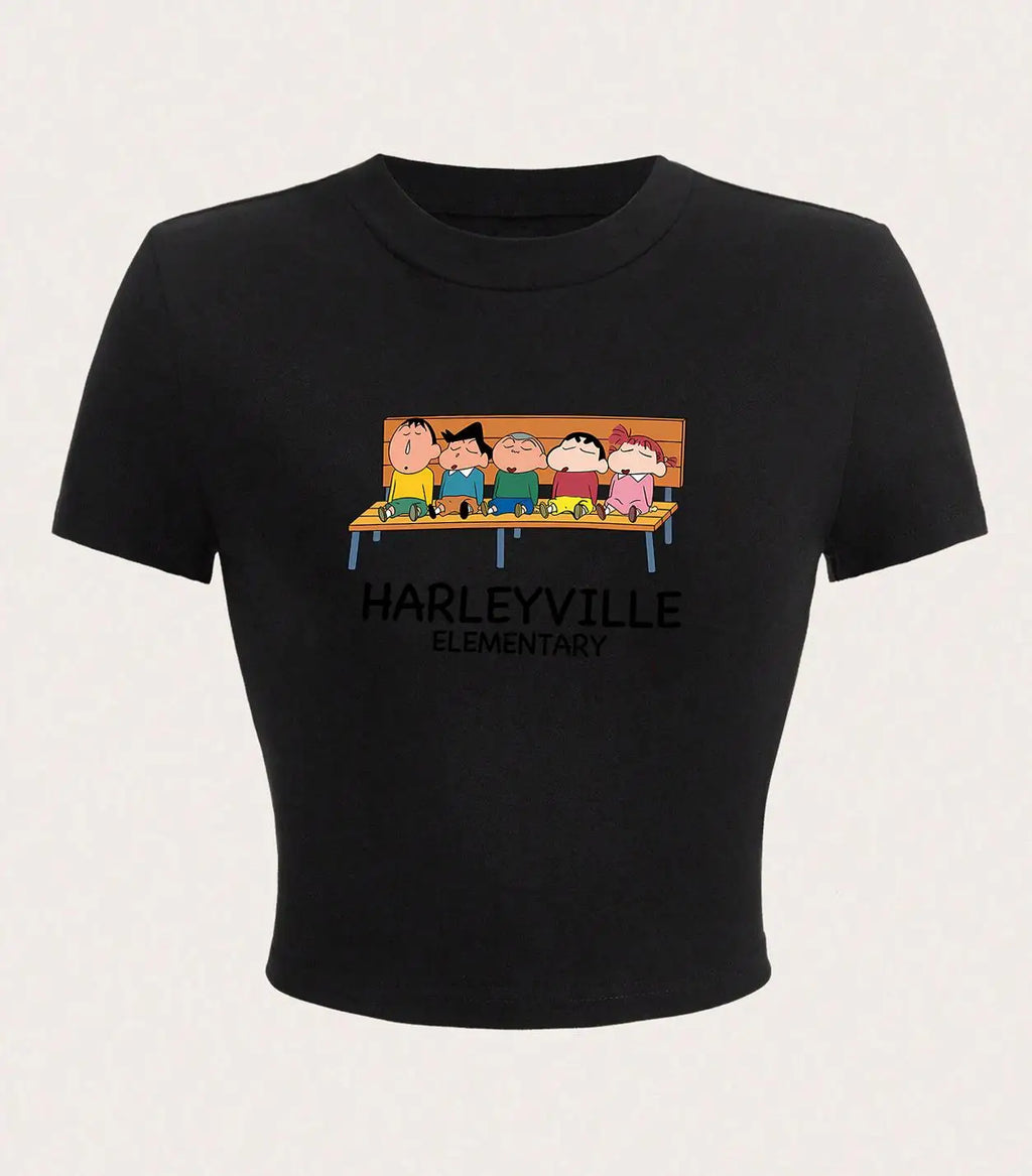 Crayon Shin Chan Summer Crop Top Tight Fitting O-Neck T-Shirt for Casual Wear
