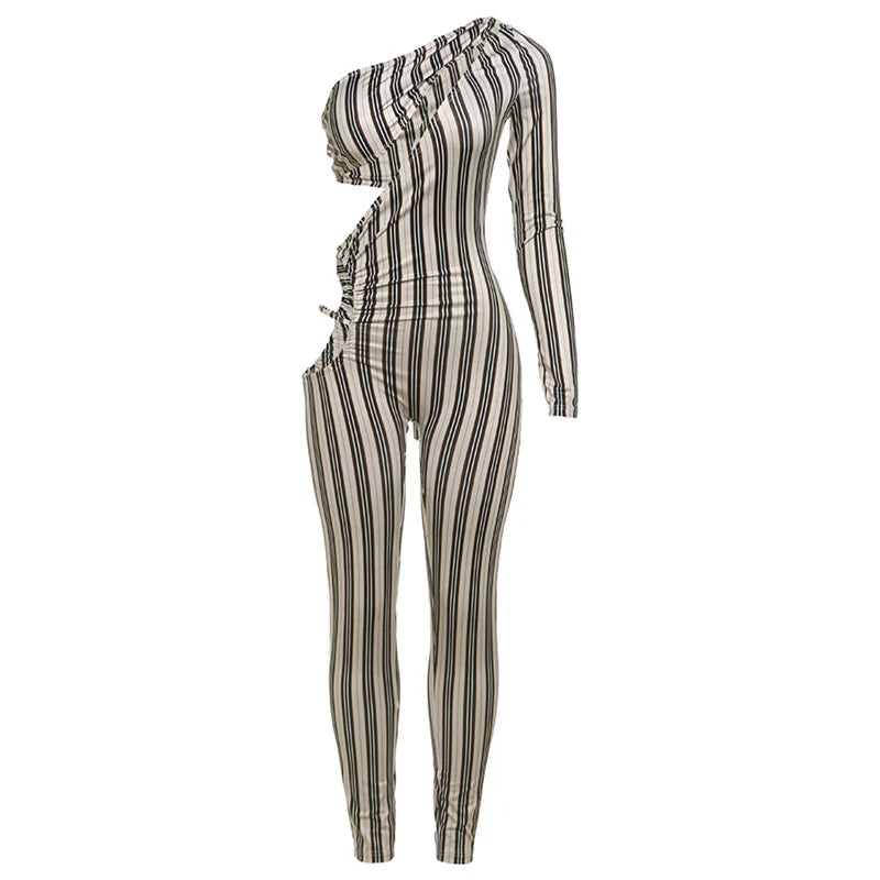 Sexy Hollow Ruched Jumpsuit for Women Irregular Hipster Stripe Print Full Sleeve Midnight Fit Workout Overalls
